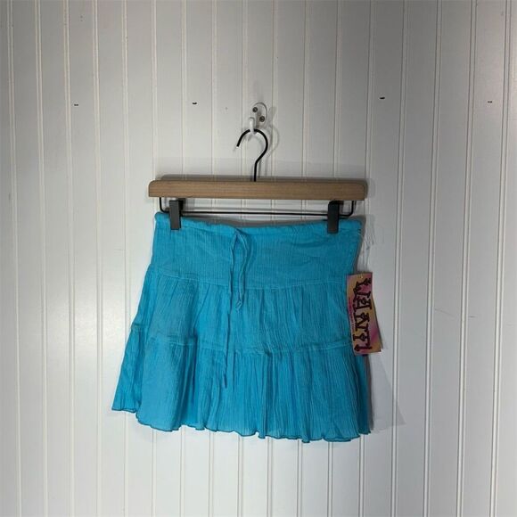 Y2K WANT! Bright Blue Cotton Crinkle Tiered Micro Mini Skirt M Deadstoc - Picture 1 of 5